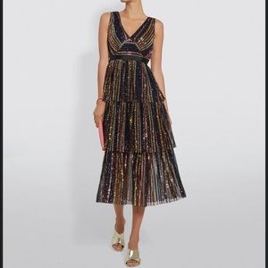 NWT Self-Portrait Tiered Striped Sequin Midi Dress